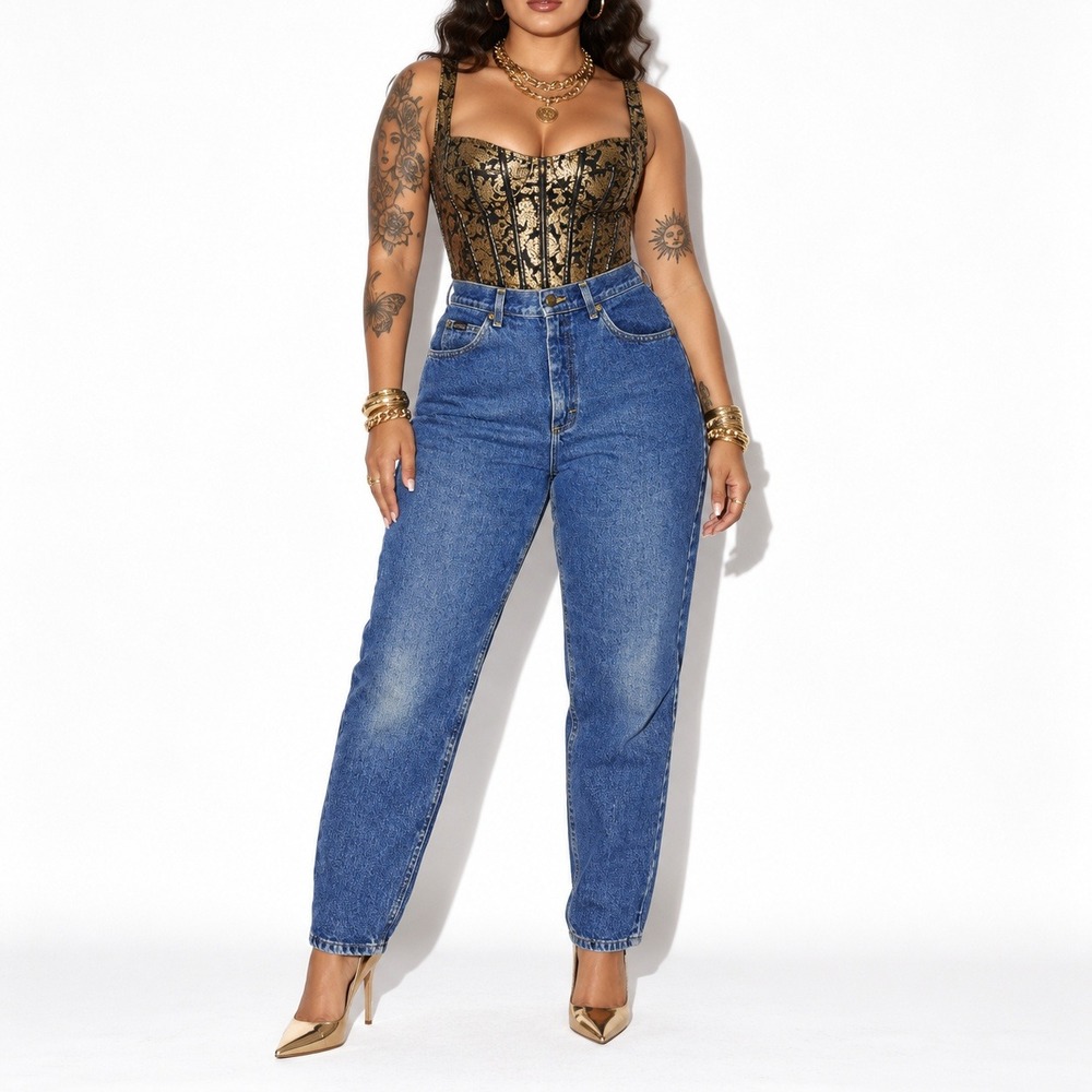 90s Vintage Dark Stone Wash Tapered Jeans Women 12 Blue High Rise Riders